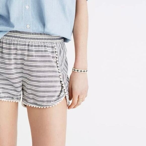 Madewell Oahu Cover-Up Shorts in Stripe White blue pom pom trim MEDIUM cotton - Picture 3 of 9